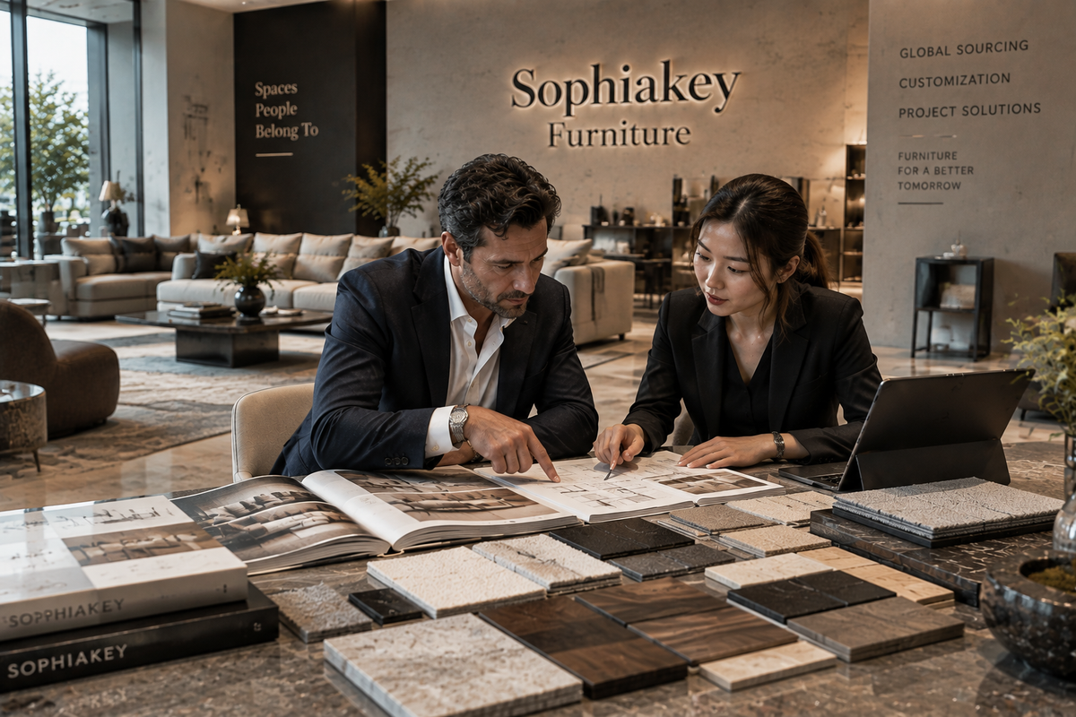 Sophiakey B2B trade partner sourcing team supporting international furniture buyers in Foshan China