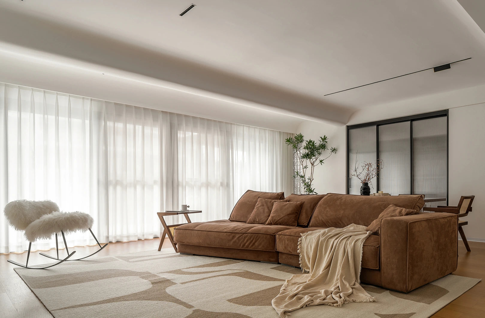 Modern luxury apartment interior with solid wood furniture and minimalist architectural composition