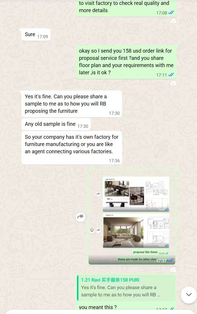 WhatsApp client feedback for Sophiakey China furniture sourcing service