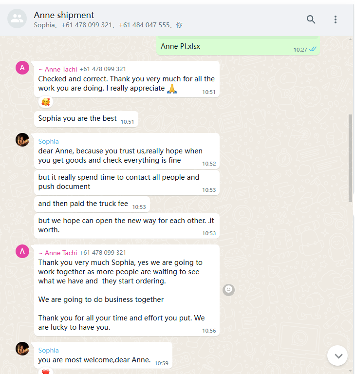 WhatsApp client feedback for Sophiakey China furniture sourcing service